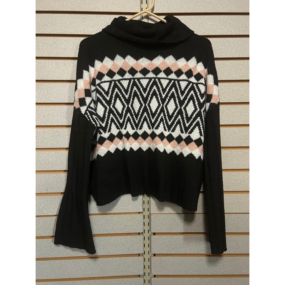 SO Womens XL Black Geometric Cowl Neck Bell Sleeve Knit Pullover Sweater